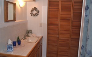 Waipio Wayside, Moon Room, Tiled bathroom sink and wooden louvered door